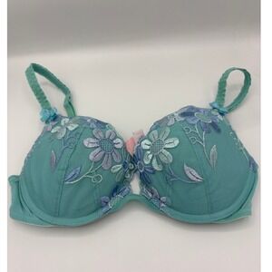 Victorias Secret Push Up Bra 34C Y2K Aqua Teal Floral Embroidered Blue Mesh 2001